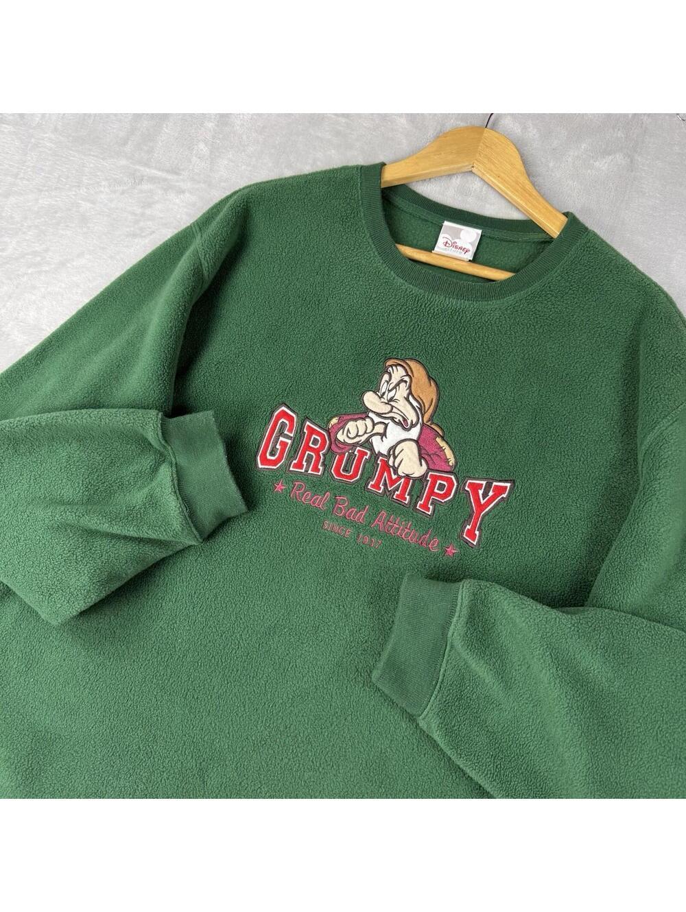 Vintage Disney Grumpy Fleece Sweatshirt Size XL Green Snow White Dwarf Graphic